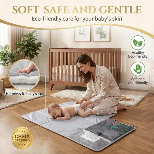 Vista 3 de Cambiador de pañales portátil grande – Cambiador de pañales plegable impermeable para bebé con bolsillos de almacenamiento y bolsa de toallitas