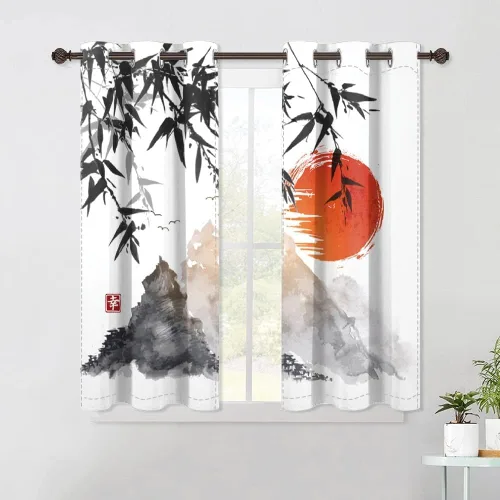 Vista 25 de Cortinas japonesas con pintura de tinta, monte Fuji, sol rojo, puesta de sol, hojas de bambú, cortinas de ventana para dormitorio, sala de estar