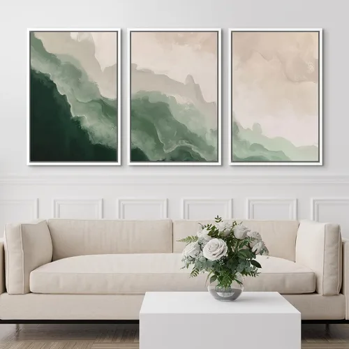 Vista 54 de SIGNFORD - Set de obras de arte en lienzo enmarcado para pared, ilustraciones abstractas de neblina del desierto en tonos neutros beige y marrón
