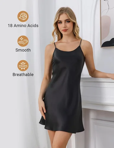 Vista 5 de THXSILK Camisón de seda para mujer, 100% seda de morera 19 Momme real, cuello redondo, tirantes delgados, camisón de seda para dormir Negro