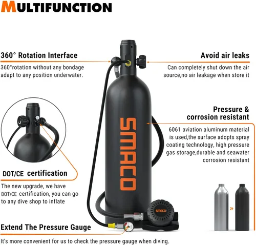 Vista 4 de SMACO S700 Mini tanque de buceo 1.9L portátil Mini tanque de buceo Botella de poni reutilizable con 25-30 minutos de reserva de buceo Kit de tanque