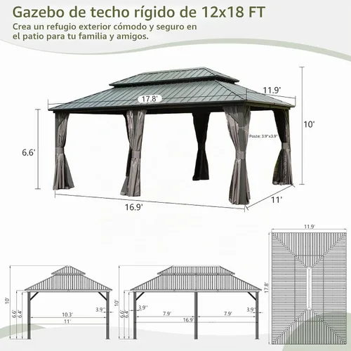 Vista 2 de Domi - Cenador de techo rígido para exteriores, 12 x 18, color gris