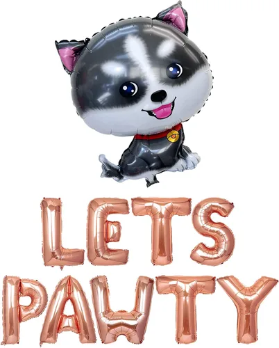 Vista 3 de Suministros de fiesta de cumpleaños para perros, fiesta de cumpleaños de perro Husky de Alaska, pancarta de globos de Lets Pawty, decoraciones