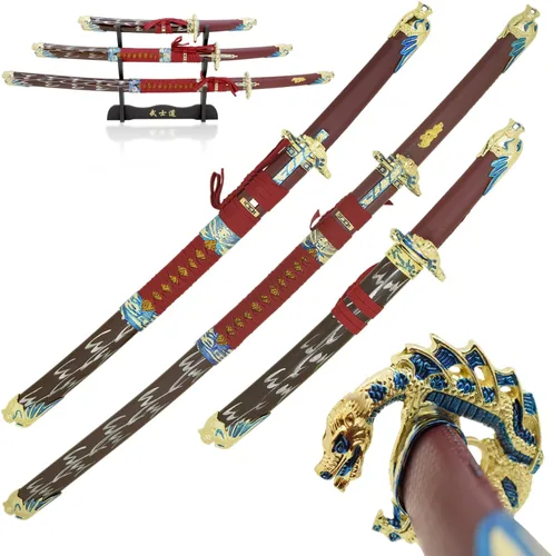 Vista 9 de Snake Eye Tactical Highlander Dragon Design Handle Samurai Katana - Juego de espada triple con soporte de espada