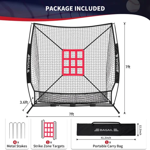 Vista 3 de BAGAIL 7x7 ft Baseball Softball Practice Net Sturdy Bow Frame, Heavy-Duty Mesh for Strong Hits, Including 2 Strike Zones, Carry Bag, Ground