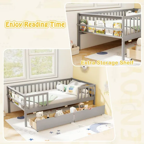 Vista 5 de KOMFOTT Base de cama individual de madera con rieles de valla y 2 cajones extraíbles, marco de cama individual para niños con estante lateral,
