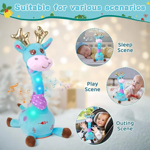 Vista 4 de Jirafa que habla bailando con cuernos dorados, juguete de peluche para bebé que repite lo que dices, juguete musical con cuernos dorados, regalos