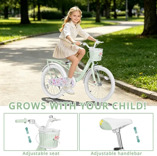 Vista 6 de Bicicleta de 20 pulgadas para niñas con canasta, bicicleta para niños de 7 a 12 años, bicicleta de crucero de playa verde y rosa para niñas, frenos