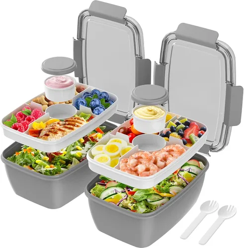Vista 13 de Cherrysea Lonchera para ensalada, paquete de 2 tazones con 3 compartimentos, a prueba de fugas con tenedor y contenedor de salsa - Verde+Rosa