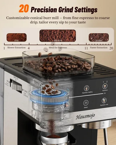 Vista 3 de Máquina de café expreso con molinillo y espumador de leche, 20 bar Features 20 grind settings, 61oz removable tank, 20-bar pump & steam frother