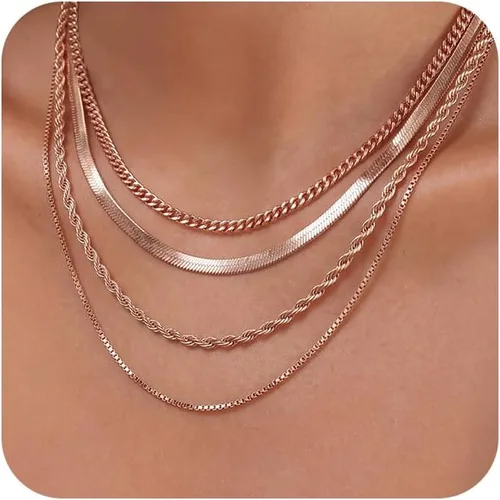 Vista 8 de Tewiky Layered Necklaces for Women Non Tarnish- Chunky 14k Gold Plated Herringbone/Snake/Rope/Box/Cuban Link Chain for Women Waterproof Layering