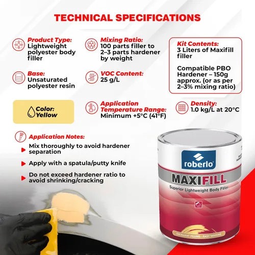 Vista 9 de Roberlo Maxifill - Relleno de cuerpo ligero superior, fácil de lijar y pintar para reparaciones de automóviles, ideal para abolladuras, agujeros