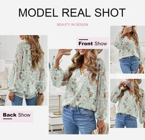 Vista 4 de SHEWIN Blusas sueltas de manga larga con cuello en V y estampado floral para mujer