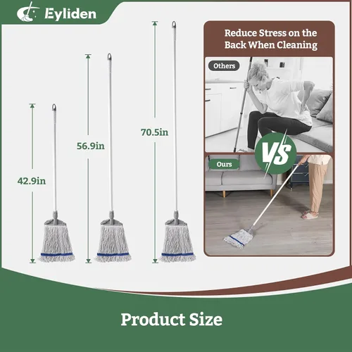 Vista 6 de Eyliden - Trapeador húmedo comercial con 2 cabezales de algodón Clips universales, fregona industrial resistente, para almacén, garaje, taller