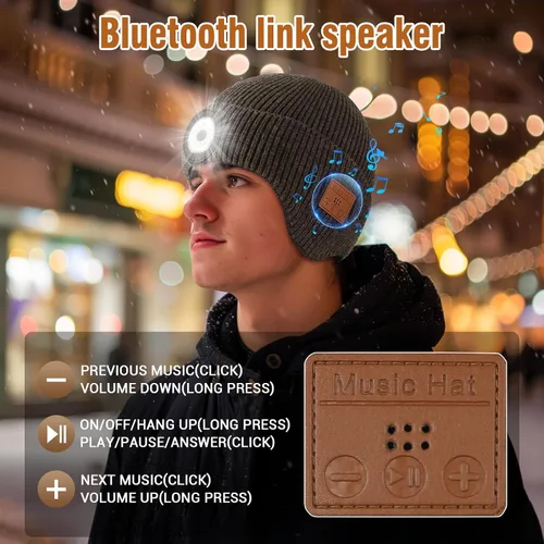 Vista 34 de Gorro Bluetooth con auriculares ligeros e inalámbricos, micrófono integrado y altavoces estéreo mejorados con música