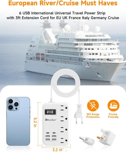 Vista 6 de Adaptador de enchufe de viaje europeo, regleta de corriente de EE. UU. a Europa con 6 USB (2 USB C) 4 tomas de corriente, adaptador de corriente