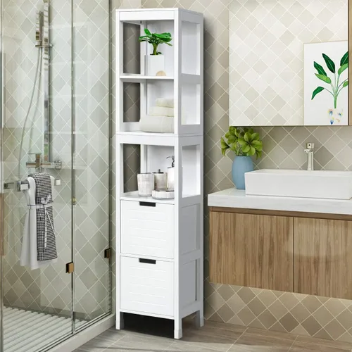 Vista 2 de Tangkula Gabinete de Almacenamiento Alto para Baño, Independiente de 57" de Alto Gabinete de Piso Delgado para Baño con Estantes Abiertos de 3