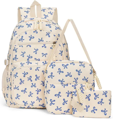 Vista 12 de Mochila con lazo para mujer, mochila kawaii de nailon coquette, juego de 3 piezas, linda mochila para computadora portátil universitaria, mochila