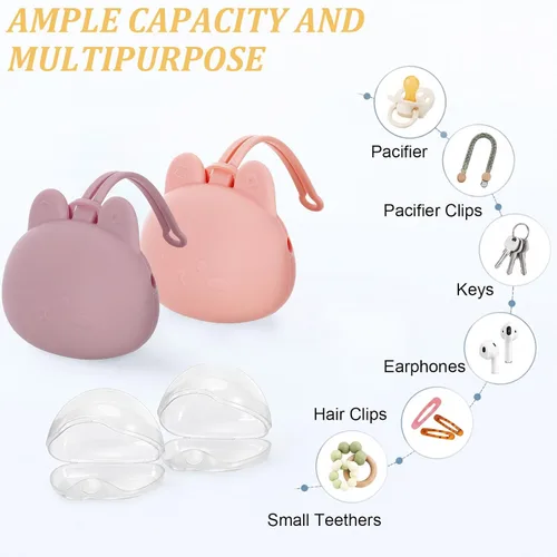 Vista 3 de Juego de 4 fundas para chupetes, 2 bolsas portátiles de silicona con correa suave y 2 cajas de almacenamiento transparentes para bolsa de pañales