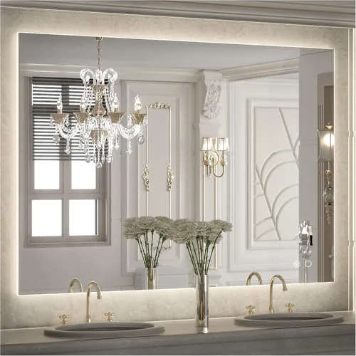 Vista 9 de Keonjinn - Espejo de 48x30 pulg retroiluminado LED para baño/tocador, luz de 3 colores ajustables blanca/cálida/natural, lúmenes altos, montaje
