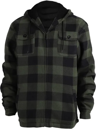 Vista 2 de Chaqueta de franela a cuadros para hombre, de felpa con capucha, de sherpa con zíper, pesada y gruesa, cálida para invierno.