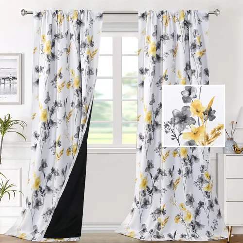 Vista 12 de H.VERSAILTEX cenefas de cortina 100% opacas para ventanas de cocina, juego de 2 paneles, estampado floral Cattleya Leah, cenefas térmicas aisladas
