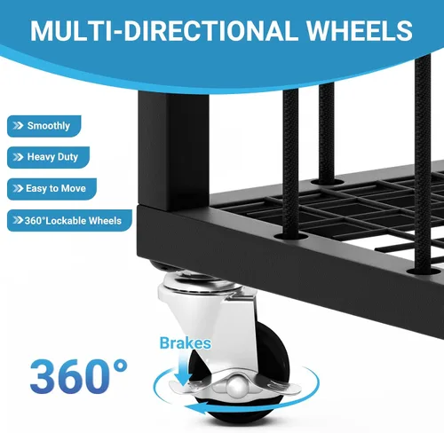 Vista 4 de Carro Organizador Almacenador de Deportes con Bolas, Cesta Rodante Metálica de Garaje con Cuerda Elástica Gruesa, Estante Portabolas con Ruedas