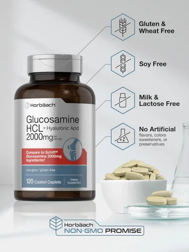 Vista 5 de Horbäach Glucosamina HCL con ácido hialurónico 2000 mg 120 comprimidos recubiertos Suplemento sin OMG y sin gluten