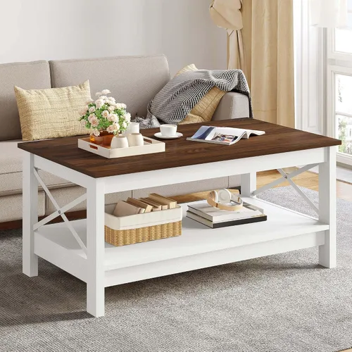 Vista 8 de YITAHOME Mesa de centro para sala de estar, mesa de café moderna de estilo granja con almacenamiento, mesa de centro de 2 niveles, mesa de acento