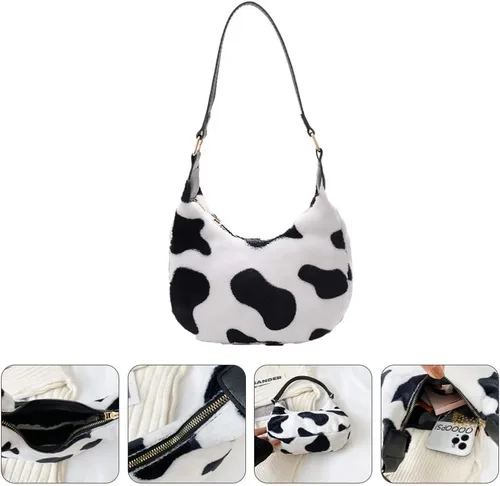 Vista 5 de PRETYZOOM bolso de hombro de felpa de vaca de impresión bolso de las mujeres de felpa bolso de mano otoño invierno suave casual esponjoso mujer