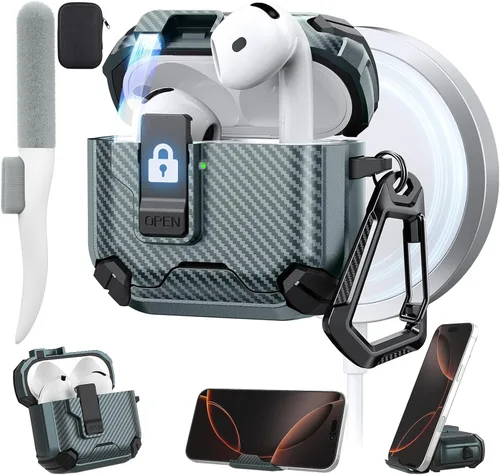 Vista 52 de Maxjoy Funda protectora para AirPods 4 2024, funda protectora para AirPods de 4ª generación con bloqueo automático, compatible con MagSafe, Verde