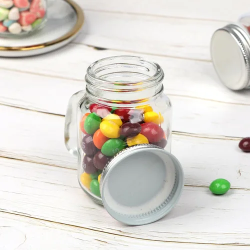 Vista 7 de Tazas pequeñas de 4 onzas con asa, paquete de 24 mini tarros de vidrio con tapas de metal herméticas, tazas de vidrio vacías con etiqueta de regalo