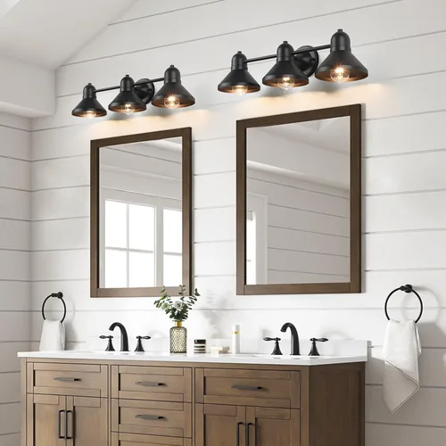 Vista 2 de Bairth - Lámpara de baño, 3 luces de metal negro sobre espejo