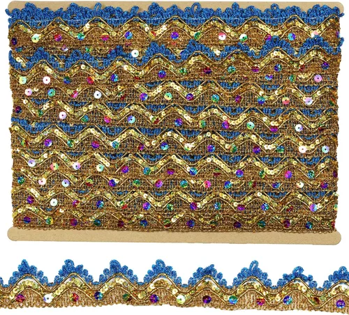 Vista 12 de Cinta larga de 14 yardas de ancho, 1.378 in/1.37 pulgadas, color oro azul con lentejuelas doradas, adorno de encaje decorado para manualidades, tela