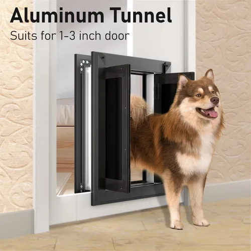 Vista 2 de 【PATAPLUS】 Puerta grande de aluminio para perros estilo francés, solapas magnéticas dobles resistentes, con túnel telescópico de aluminio, puerta