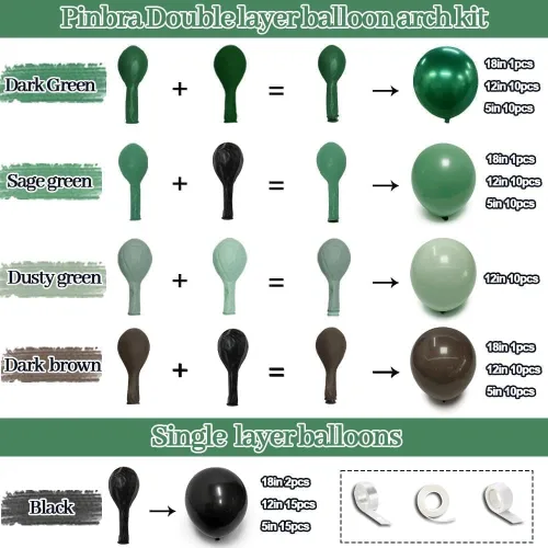 Vista 3 de Globos negros, verdes y marrones, doble relleno, color verde esmeralda oscuro, kit de arco de guirnalda de globos para Navidad, Año Nuevo Negro