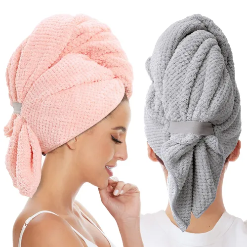 Vista 12 de Toalla Grande de Microfibra para Envolver el Cabello para Mujeres, Toalla de Secado de Cabello Anti-Encrespamiento con Correa Elástica, Secado