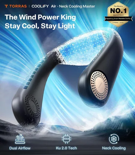 Vista 2 de TORRAS COOLiFY Ventilador de Aire para Cuello, Aire Acondicionado, Flujo de Aire 3D, Ventilador Portátil Ligero Recargable, Ventilador de Negro