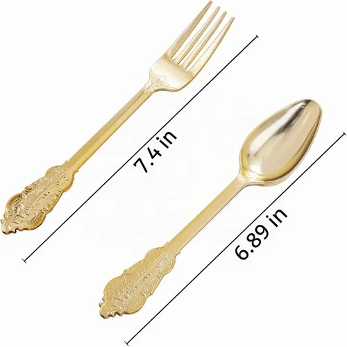Vista 2 de BUCLA 200 Piezas Cubiertos de Plástico Dorado – Tenedores y Cucharas de Plástico Dorado Estilo Barroco – 100 Tenedores y 100 Cucharas para Bodas Oro