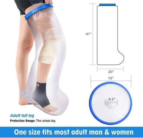 Vista 2 de Funda impermeable de pierna completa, protector de ducha reutilizable para rodilla, pie, vendaje de tobillo y cuidado de heridas, color azul