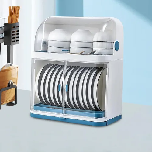 Vista 2 de Escurridor de platos de 2 niveles, escurridor de platos de cocina con cubierta de tapa, soporte pequeño de plástico para utensilios de cocina