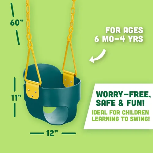 Vista 10 de Columpio de lujo con respaldo alto para niños pequeños con protección de pellizco, color verde Revestimiento patentado de cadena y conector