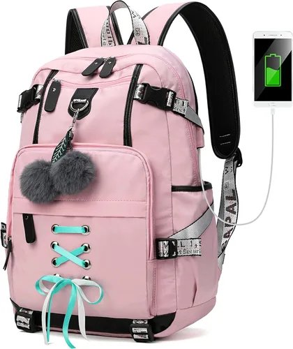 Vista 11 de Mochila para mujeres, adolescentes, niños y niñas, resistente al agua, casual, para laptop con puerto de carga USB, bonita bolsa para viajes