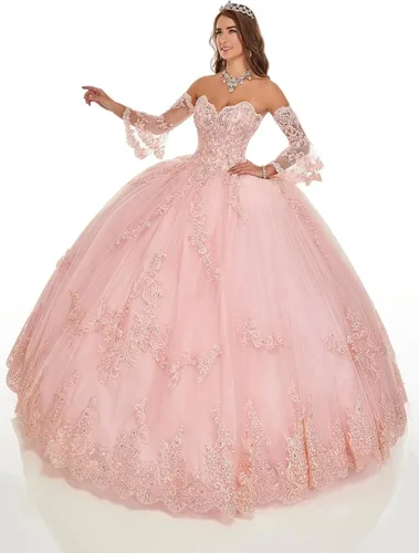 Vista 2 de Sukleet Vestidos de quinceañera de manga larga de tul hinchado, vestido de baile de graduación, dulce 15 16 vestidos
