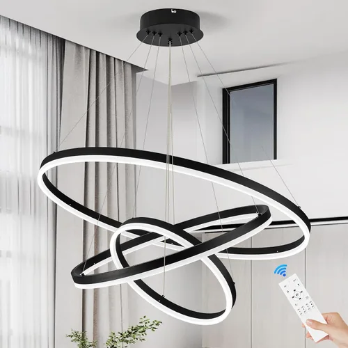 Vista 34 de Benkut Lámpara de Araña de Anillo LED Moderna Negra para Comedor, Lámpara de Araña de Techo Circular Empotrada Regulable con Control Remoto