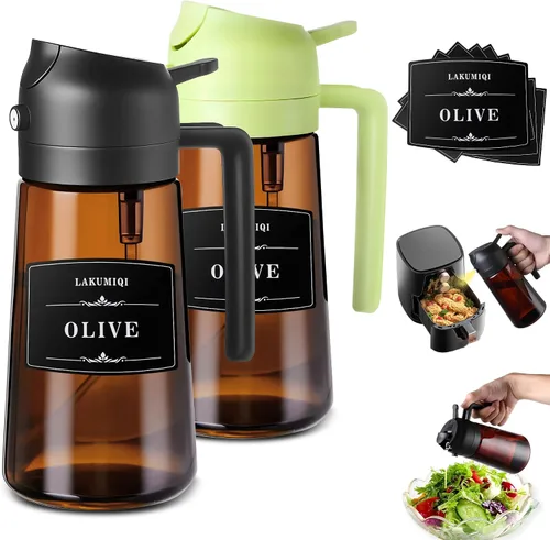 Vista 8 de LAKUMIQI Pulverizador de aceite de oliva 2 en 1 para freidora de aire, dispensador de aceite de vidrio de 16 onzas y rociador de aceite de cocina