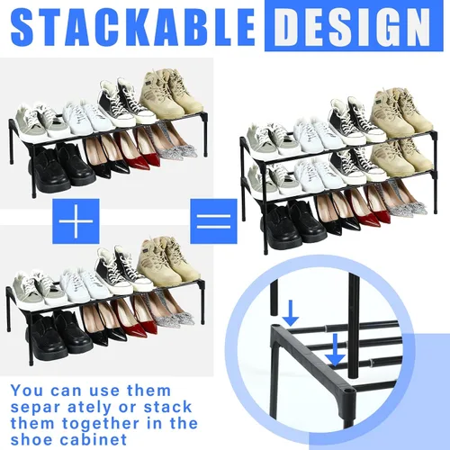 Vista 5 de Teenyyou 2 zapateros ampliables de 17 a 30 pulgadas, estante ajustable de metal de 1 nivel, organizador apilable negro para gabinete, entrada