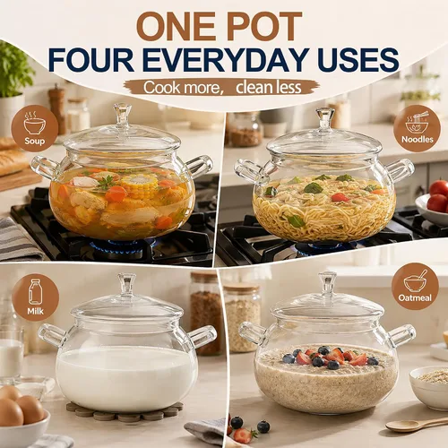 Vista 5 de Olla de vidrio de borosilicato, cacerola de 2.5 cuartos con tapa, apta para microondas, estufa y lavavajillas 3 QT borosilicate glass pot for
