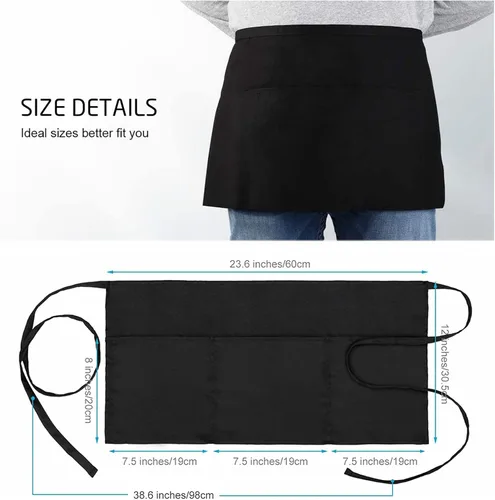 Vista 2 de Tosewever Delantales de camarera con 3 bolsillos, delantal de cintura para camarera para mujeres y hombres, restaurante, hogar, negro, medio delantal