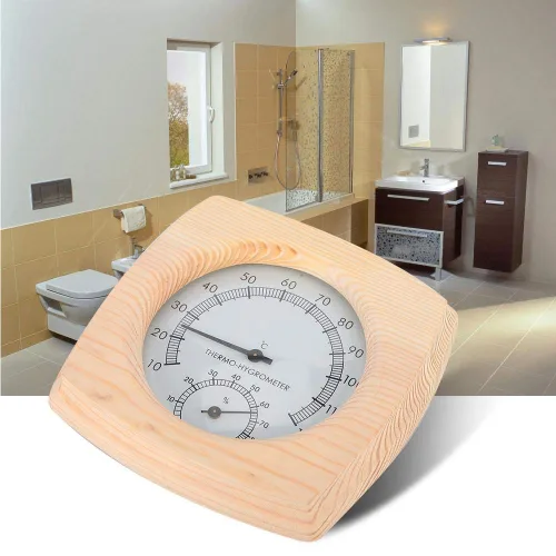 Vista 4 de Fdit Termómetro higrotermógrafo de madera para sauna higrómetro Sala de sauna Spruce Dial de madera humedad Medidor de temperatura Monitor